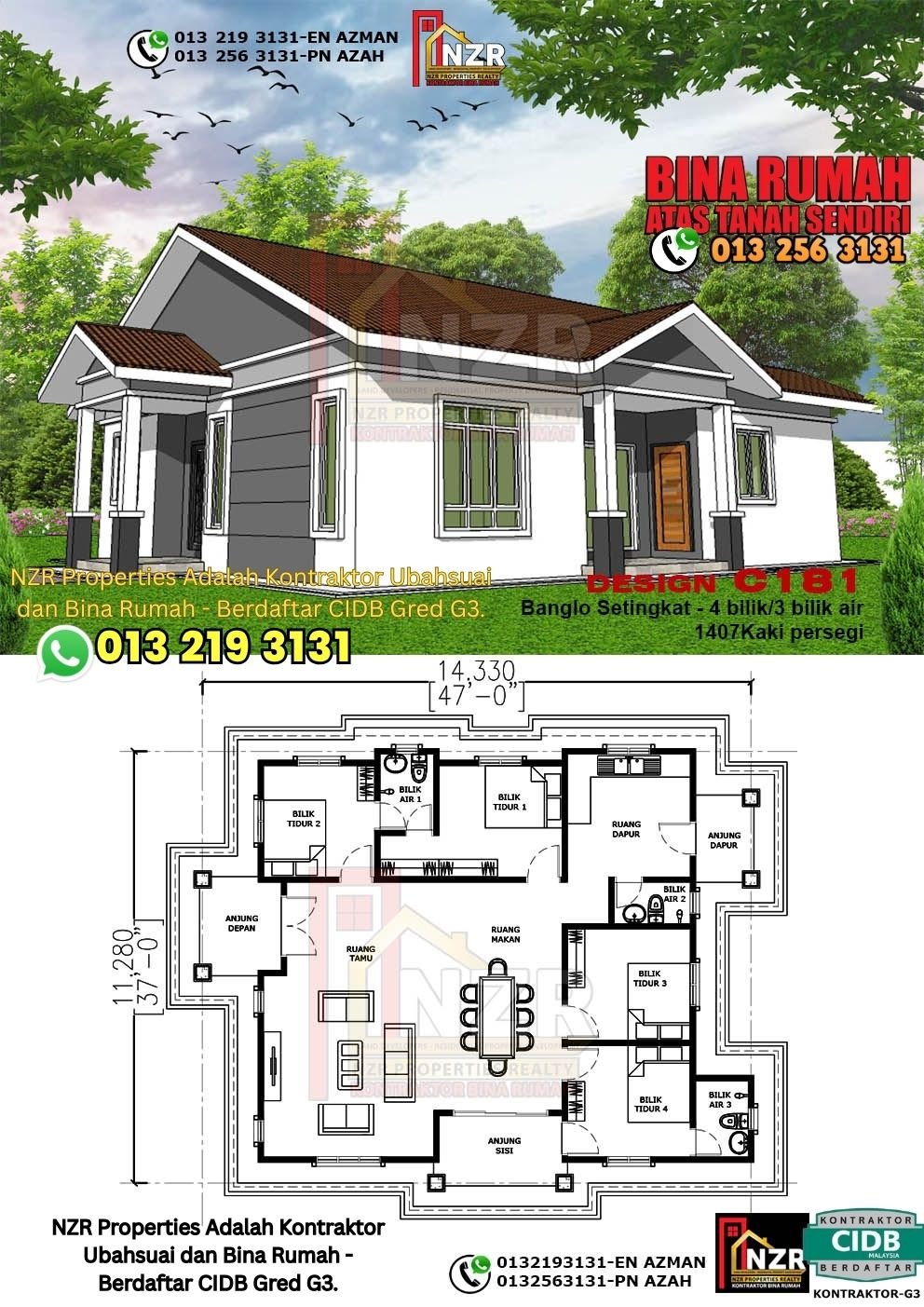 Design C181 rumah 1 tingkat 1407 kps dengan 4 bilik tidur dan 3 bilik air.