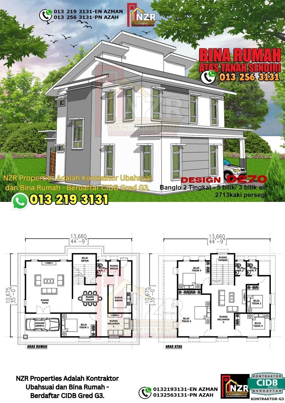 Design D270 rumah dua tingkat 2713 kps dengan 5 bilik tidur dan 3 bilik air.