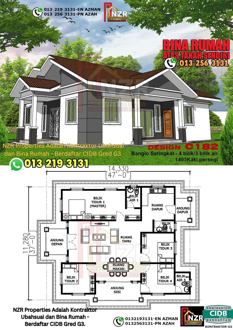 Design C182 rumah 1 tingkat 1403 kps dengan 4 bilik tidur dan 3 bilik air.