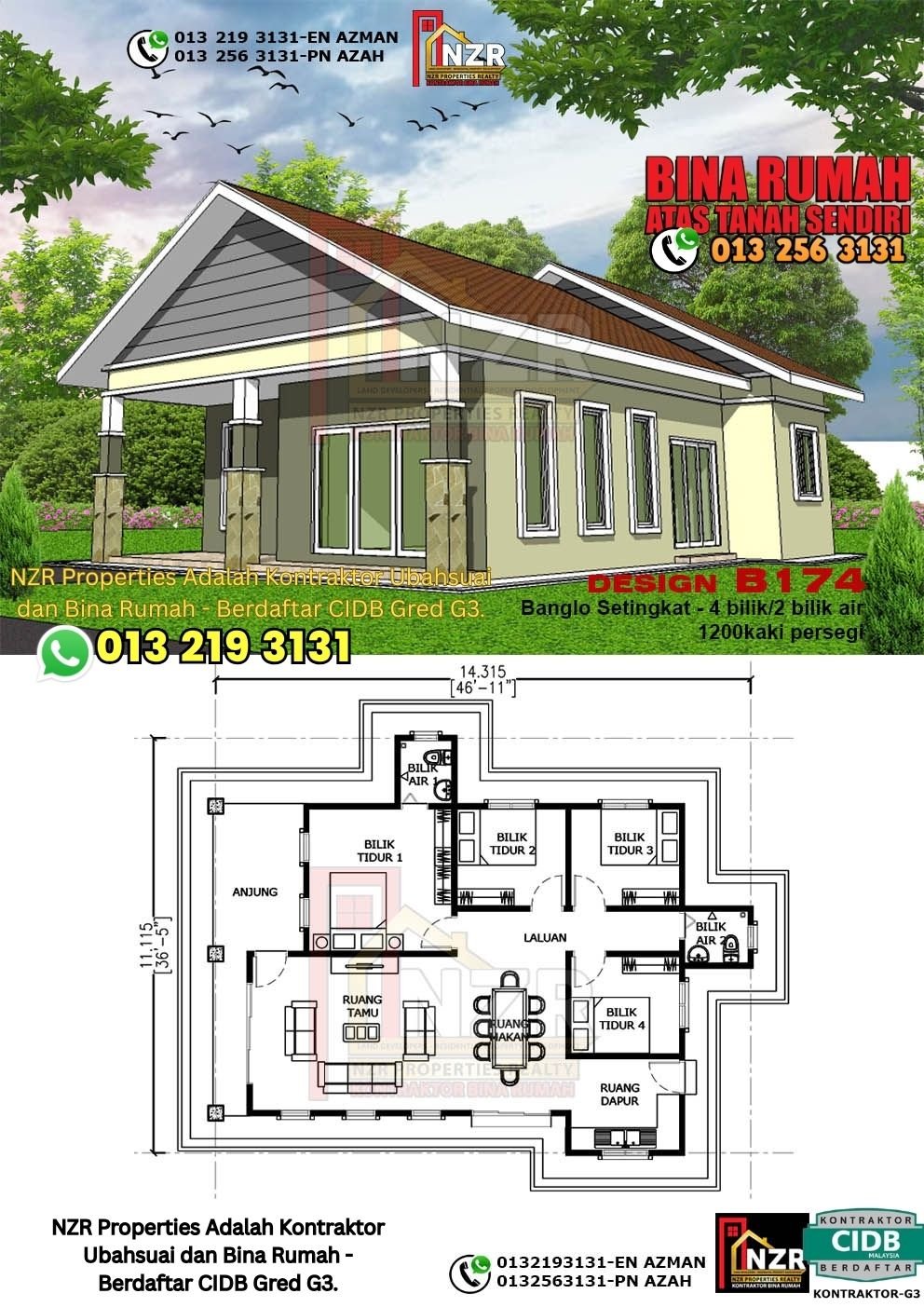Design B174 rumah 1 tingkat 1200 kps dengan 4 bilik tidur dan 2 bilik air.