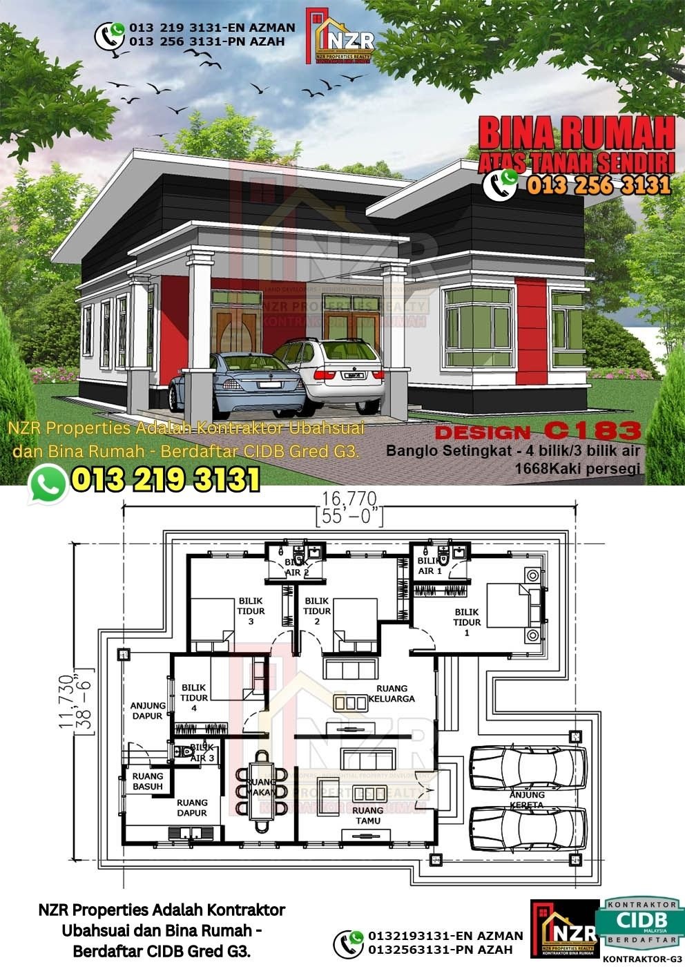 Design C183 rumah 1 tingkat 1668 kps dengan 4 bilik tidur dan 3 bilik air.