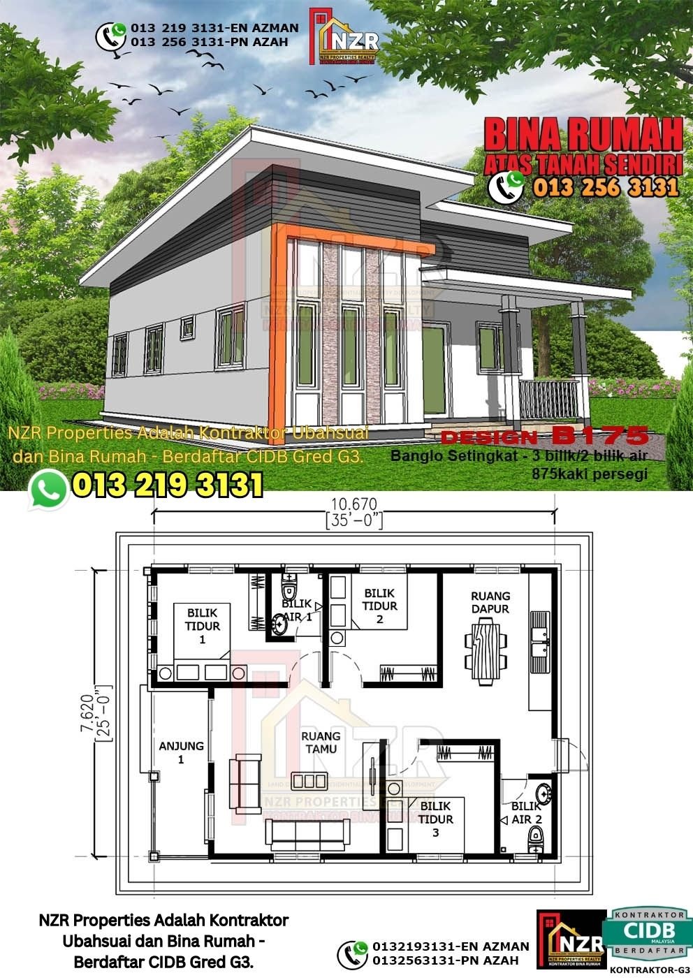 Design B175 rumah 1 tingkat 875 kps dengan 3 bilik tidur dan 2 bilik air.