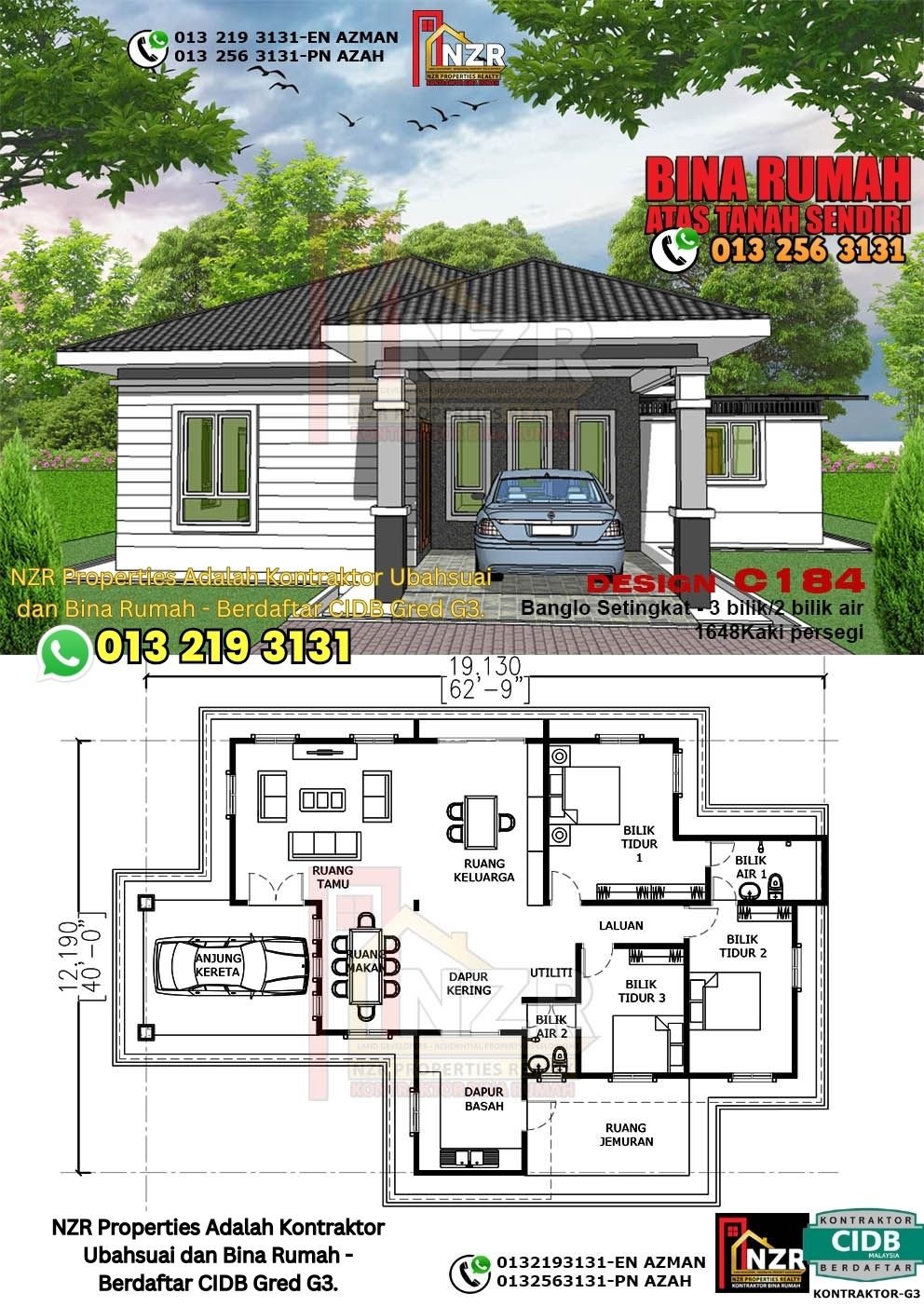 Design C184 rumah 1 tingkat 1648 kps dengan 3 bilik tidur dan 2 bilik air.