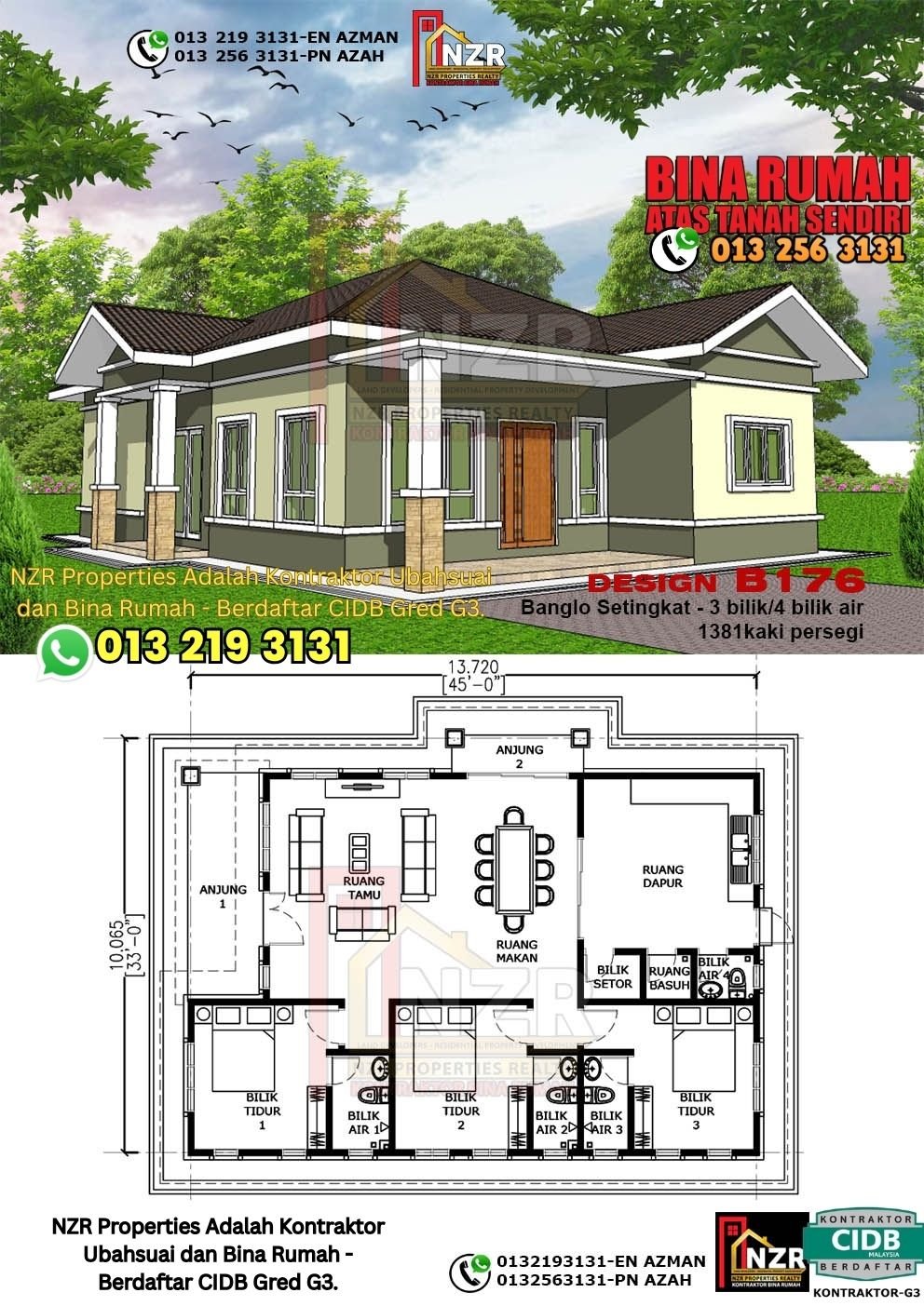Design B176 rumah 1 tingkat 1381 kps dengan 3 bilik tidur dan 4 bilik air.