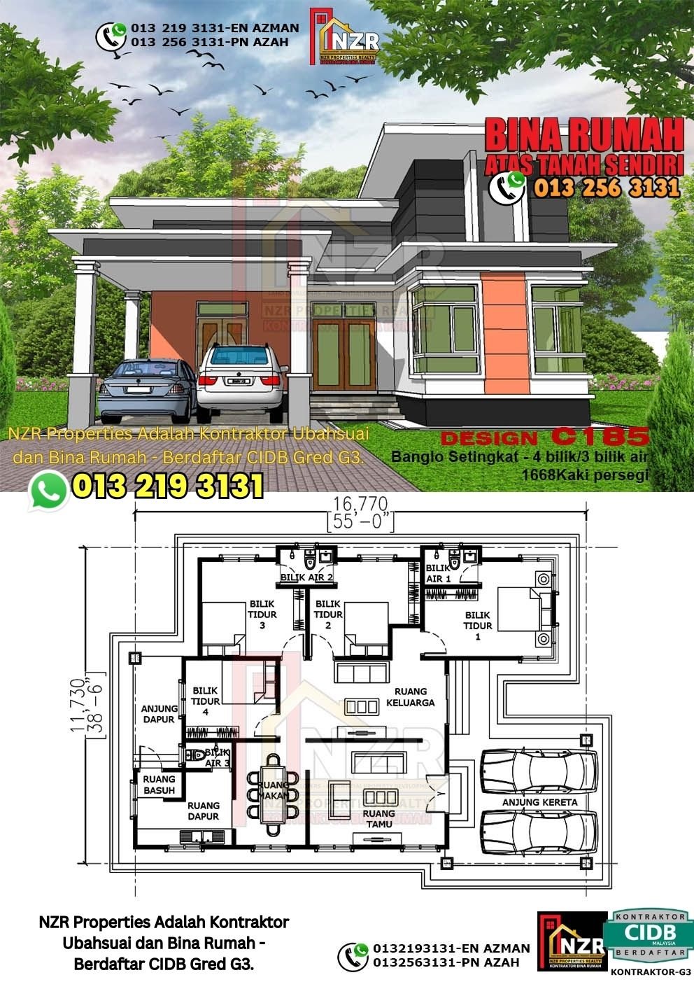 Design C185 rumah 1 tingkat 1668 kps dengan 4 bilik tidur dan 3 bilik air.