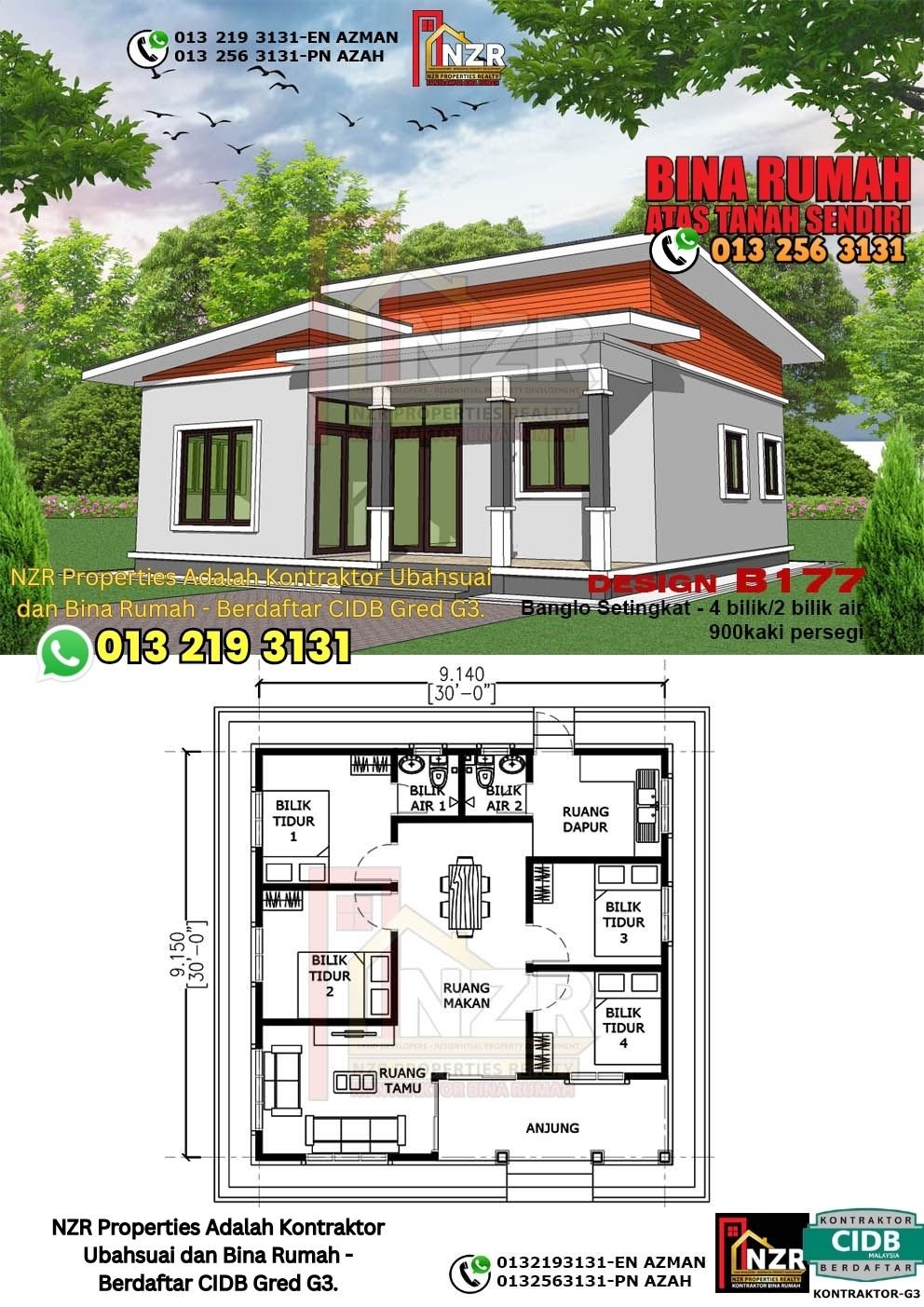 Design B177 rumah 1 tingkat 900 kps dengan 4 bilik tidur dan 2 bilik air.
