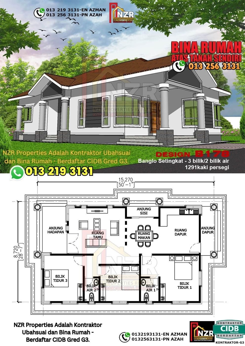 Design B178 rumah 1 tingkat 1291 kps dengan 3 bilik tidur dan 2 bilik air.