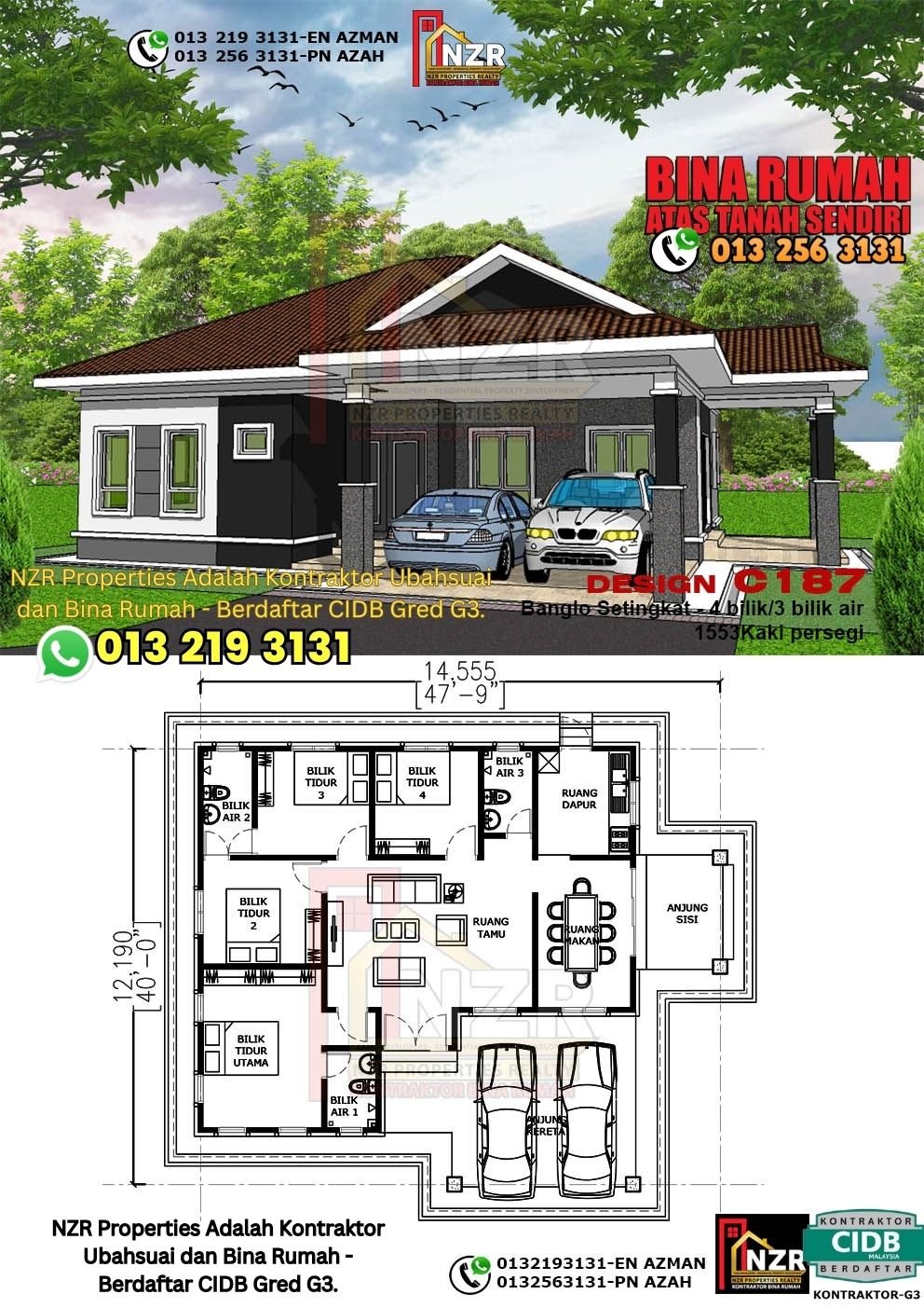Design C187 rumah 1 tingkat 1553 kps dengan 4 bilik tidur dan 3 bilik air.