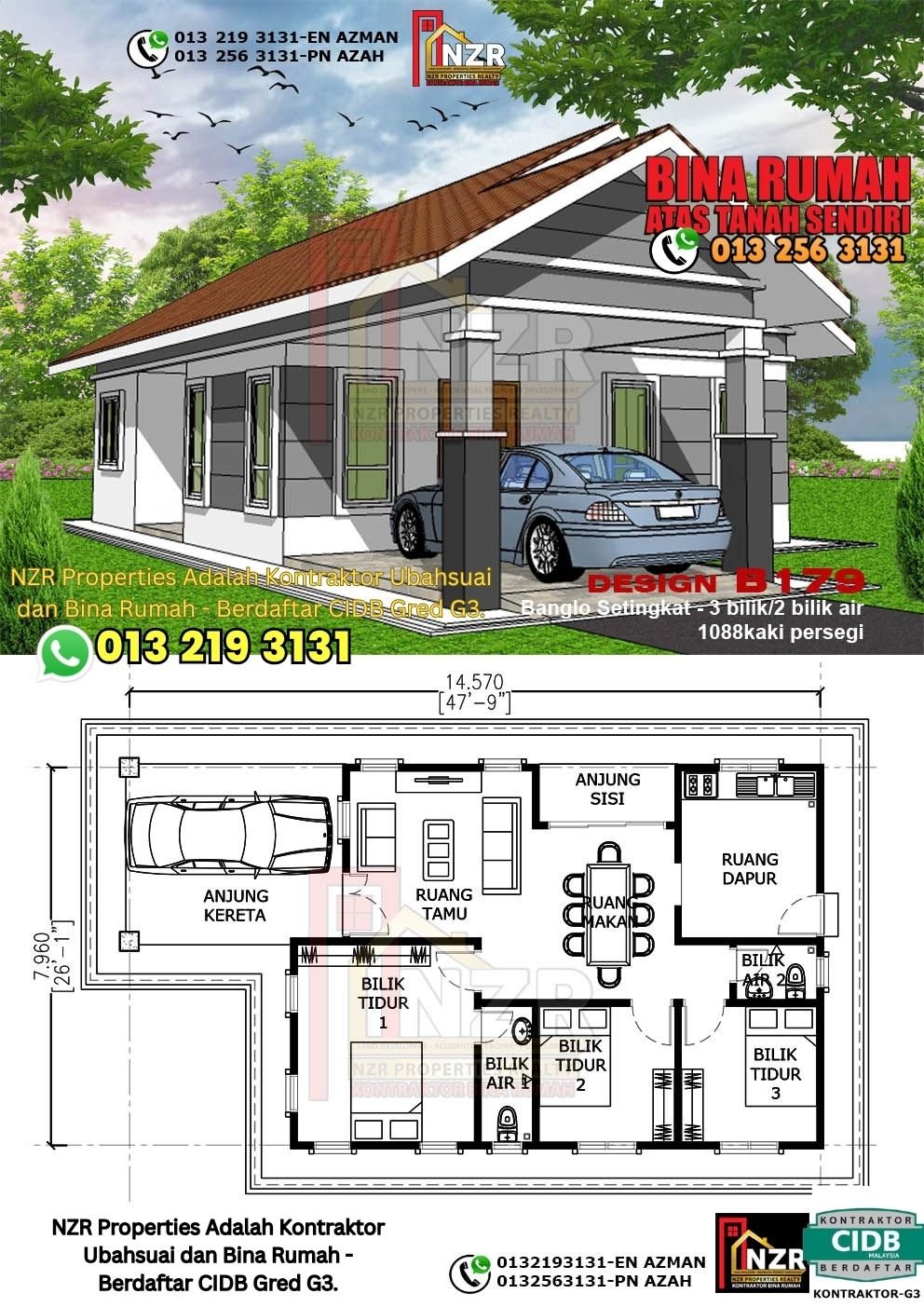 Design B179 rumah 1 tingkat 1088 kps dengan 3 bilik tidur dan 2 bilik air.