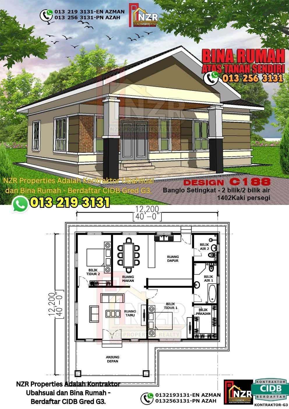 Design C188 rumah 1 tingkat 1402 kps dengan 2 bilik tidur dan 2 bilik air.