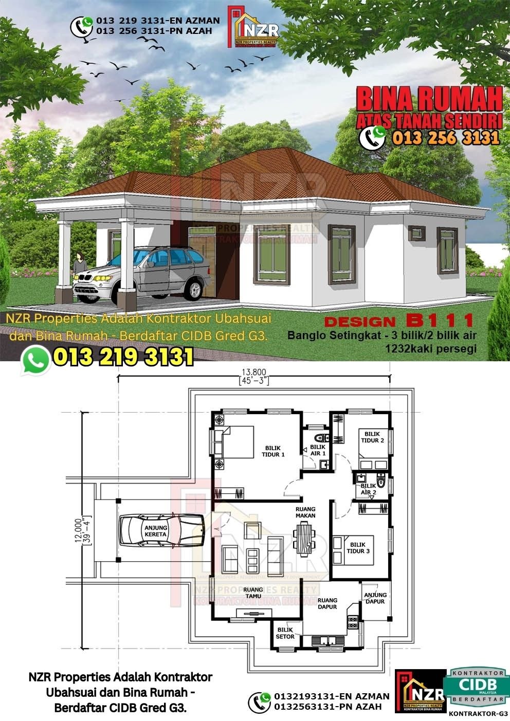 Design B111 rumah 1 tingkat 1232 kps dengan 3 bilik tidur dan 2 bilik air.