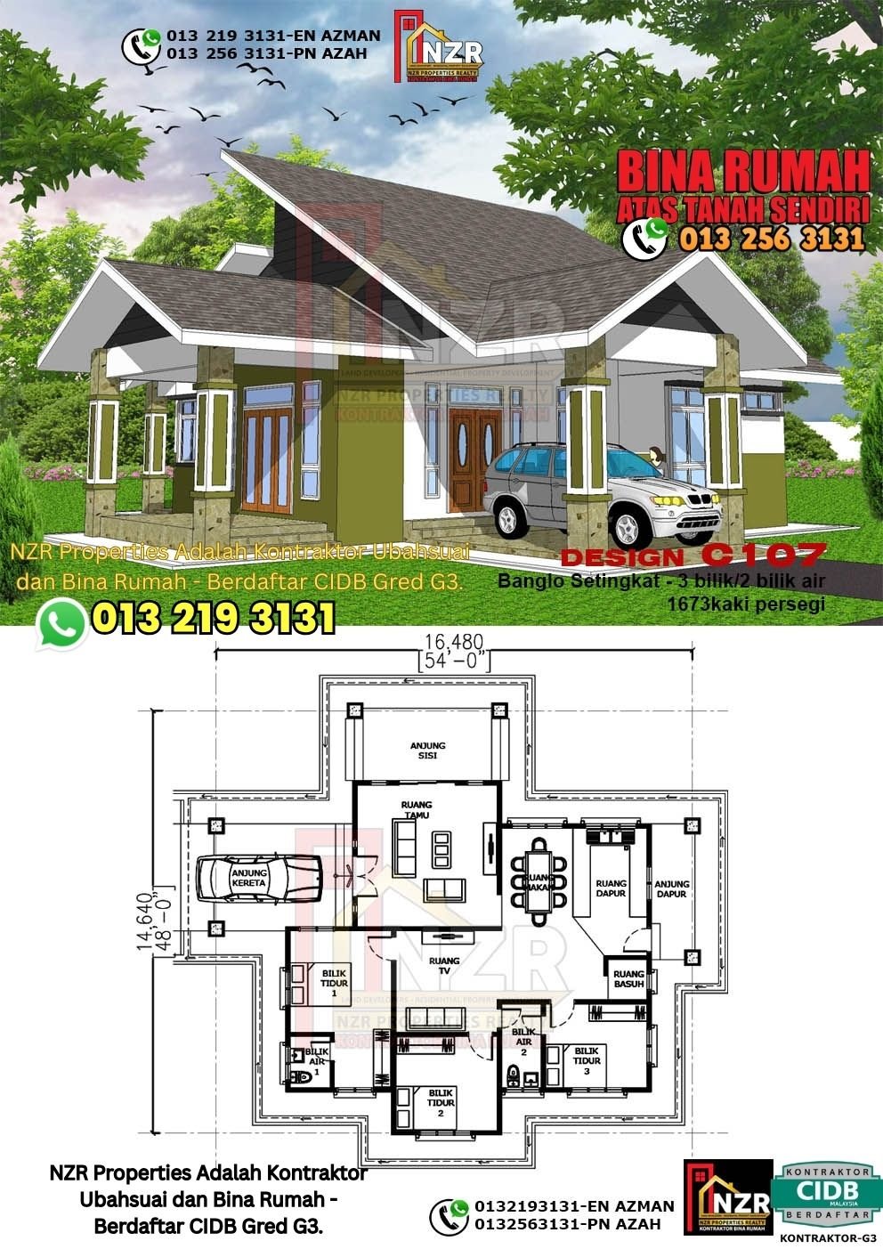 Design C107 rumah 1 tingkat 1673 kps dengan 3 bilik tidur dan 2 bilik air.