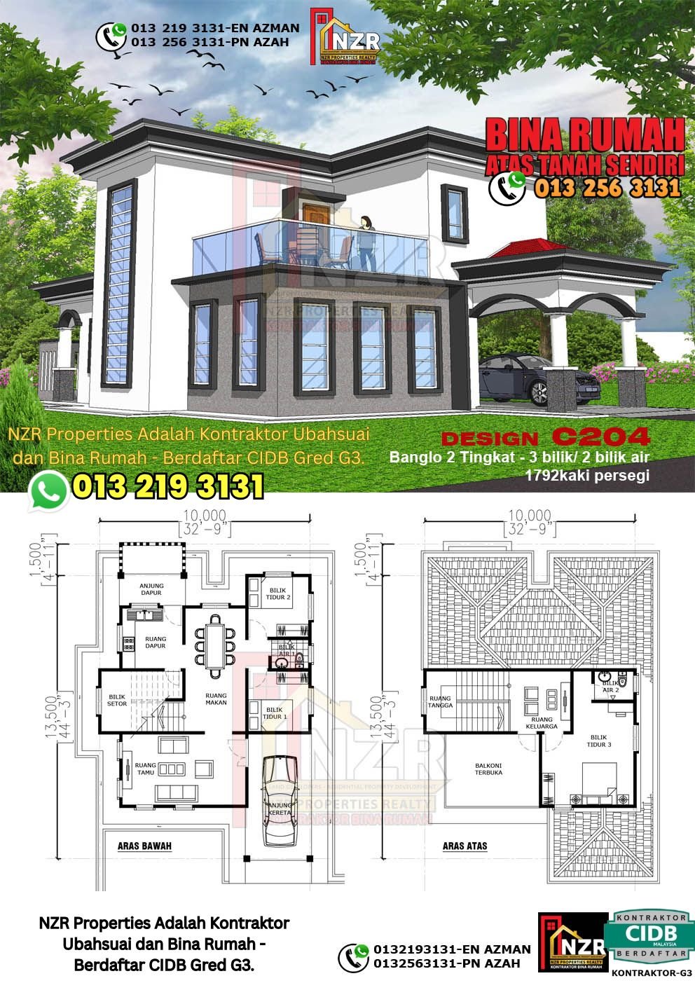 Design C204 rumah dua tingkat 1792 kps dengan 3 bilik tidur dan 2 bilik air.