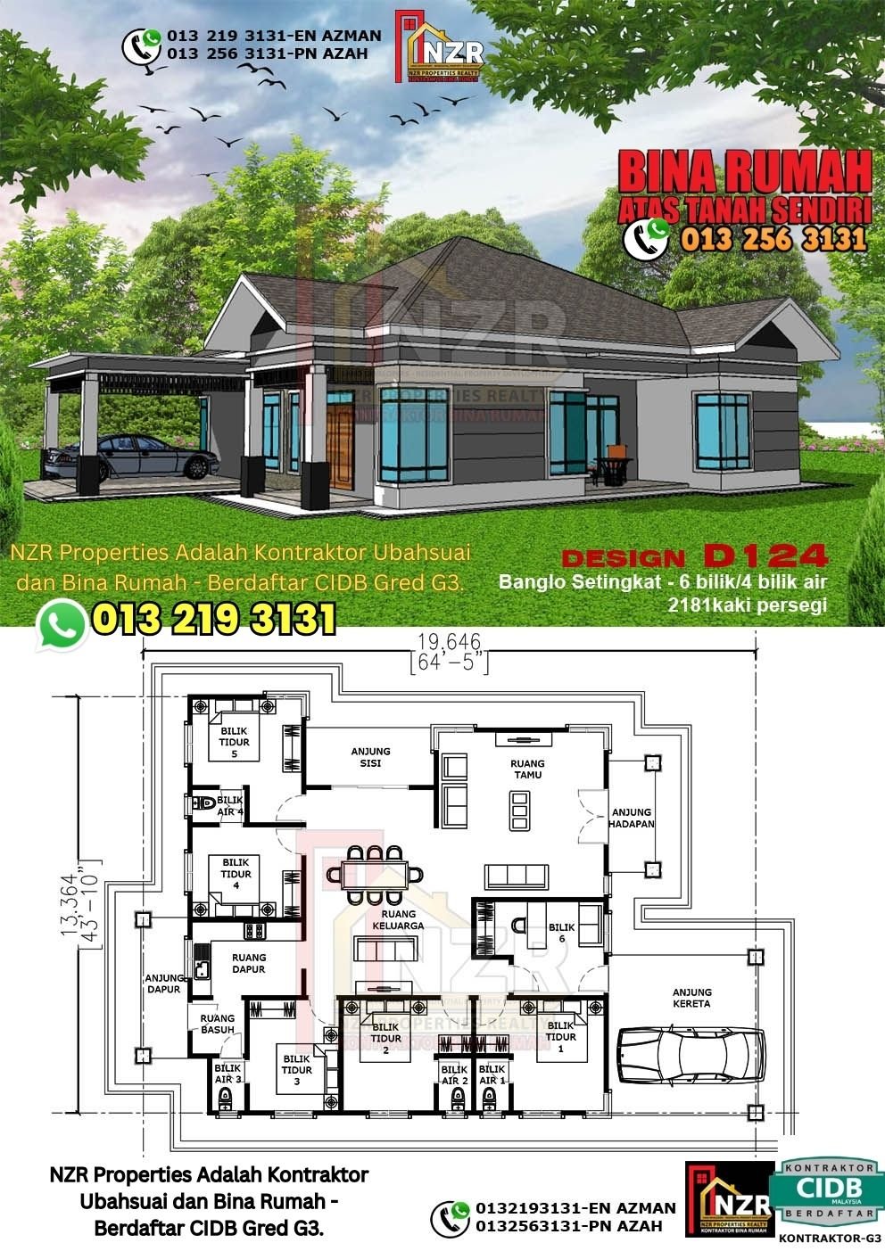 Design D124 rumah 1 tingkat 2181 kps dengan 6 bilik tidur dan 4 bilik air.