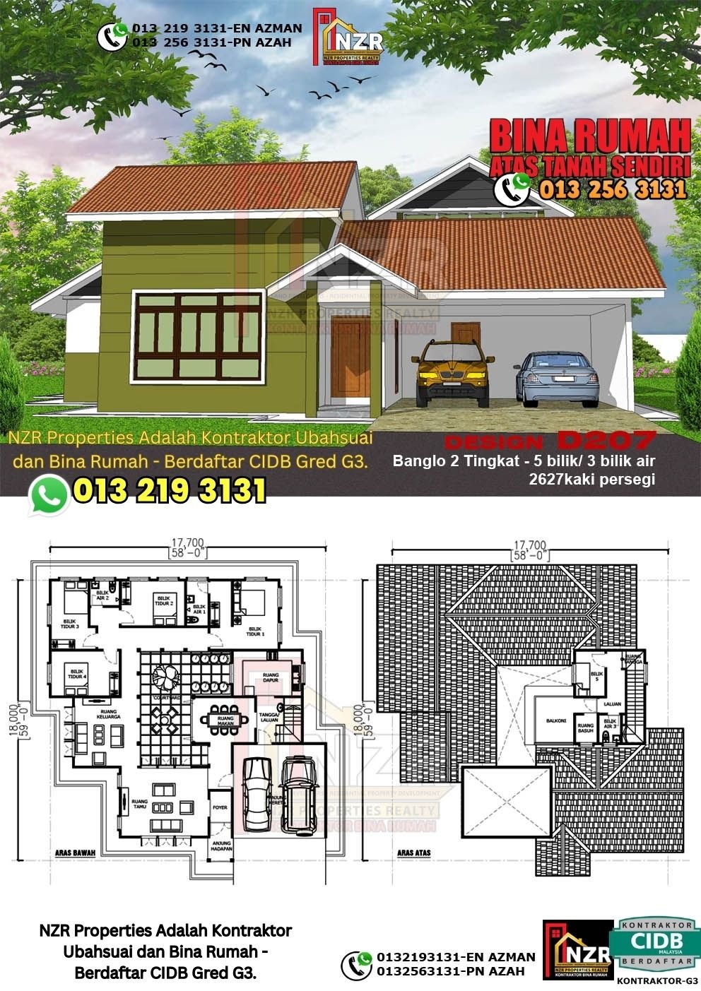 Design D207 rumah dua tingkat 2627 kps dengan 5 bilik tidur dan 3 bilik air.