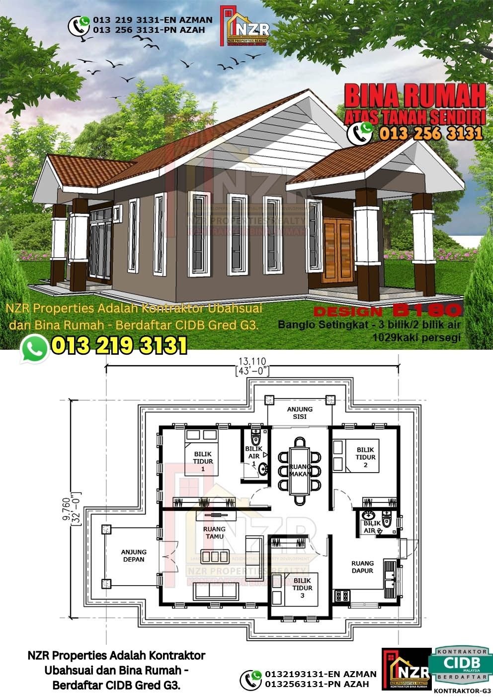 Design B180 rumah 1 tingkat 1029 kps dengan 3 bilik tidur dan 2 bilik air.