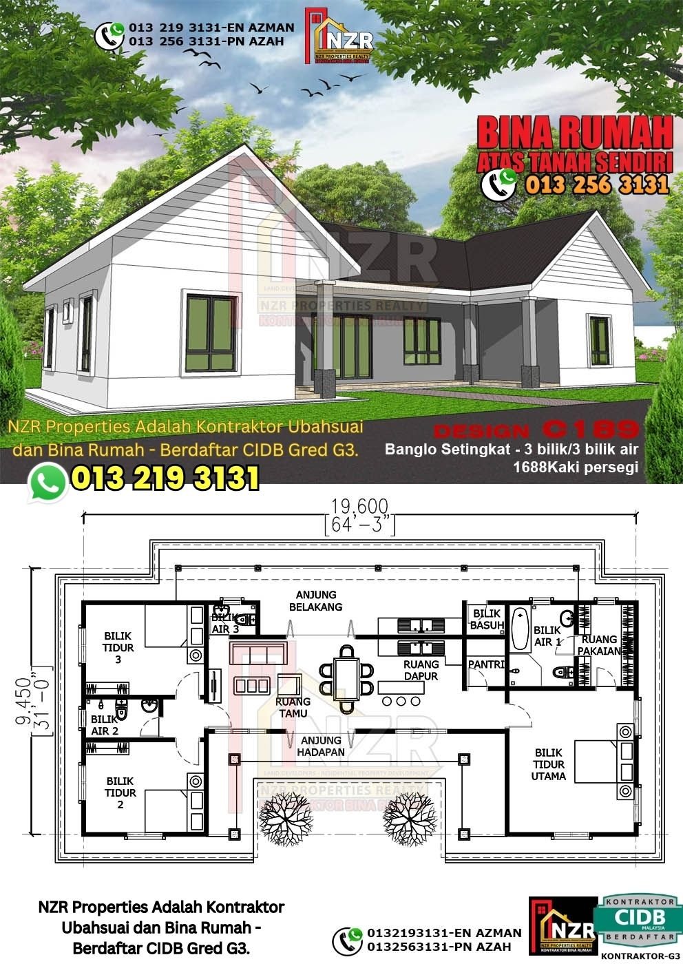 Design C189 rumah 1 tingkat 1688 kps dengan 3 bilik tidur dan 3 bilik air.