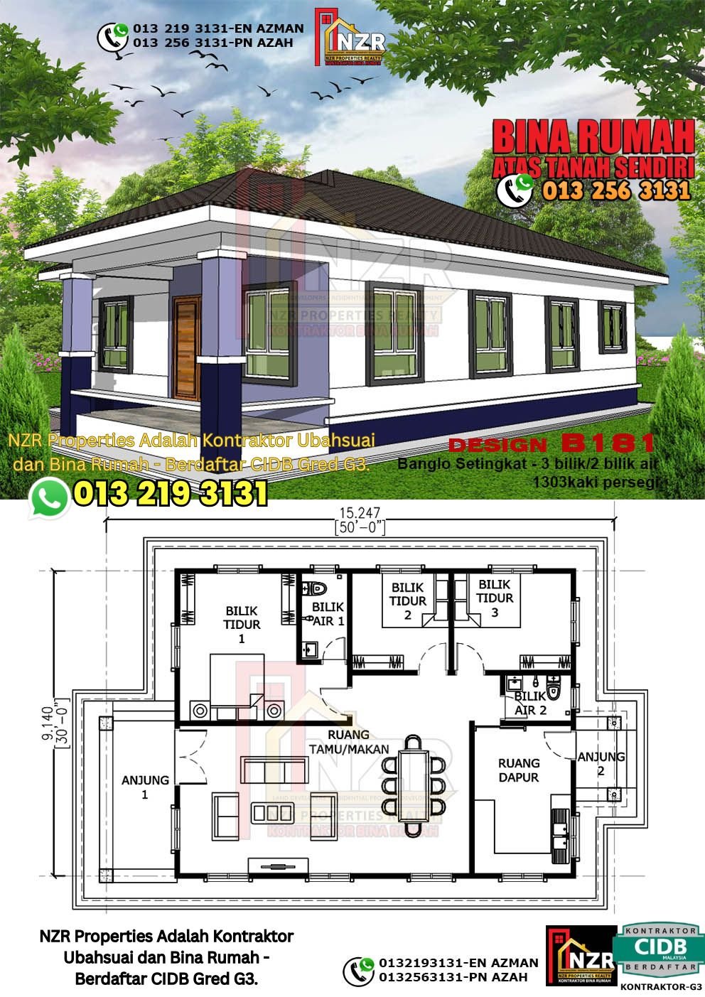 Design B181 rumah 1 tingkat 1303 kps dengan 3 bilik tidur dan 2 bilik air.