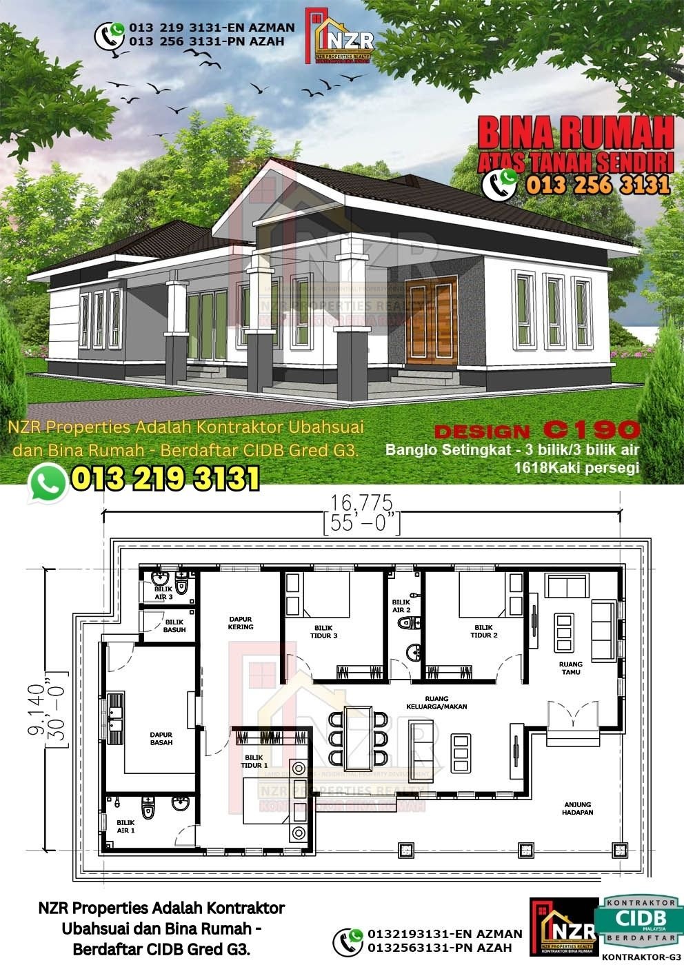 Design C190 rumah 1 tingkat 1618 kps dengan 3 bilik tidur dan 3 bilik air.