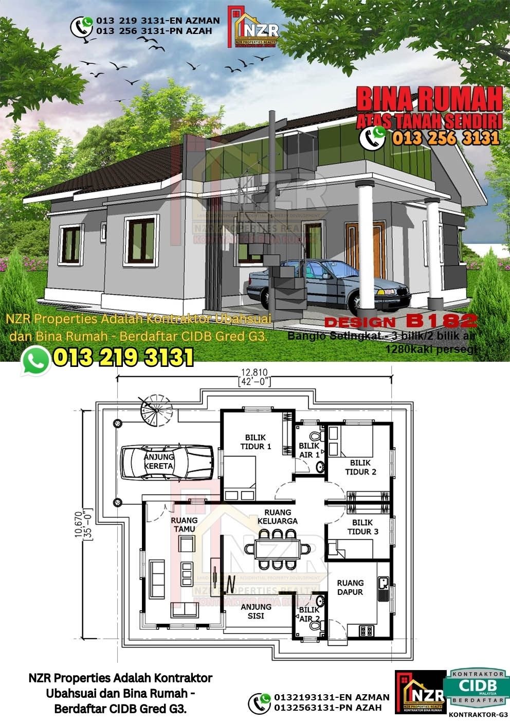 Design B182 rumah 1 tingkat 1280 kps dengan 3 bilik tidur dan 2 bilik air.