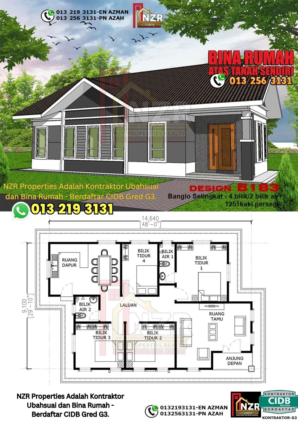 Design B183 rumah 1 tingkat 1251 kps deDesign B183 rumah 1 tingkat 1251 kps dengan 4 bilik tidur dan 2 bilik air.an 4 bilik tidur dan 2 bilik air.