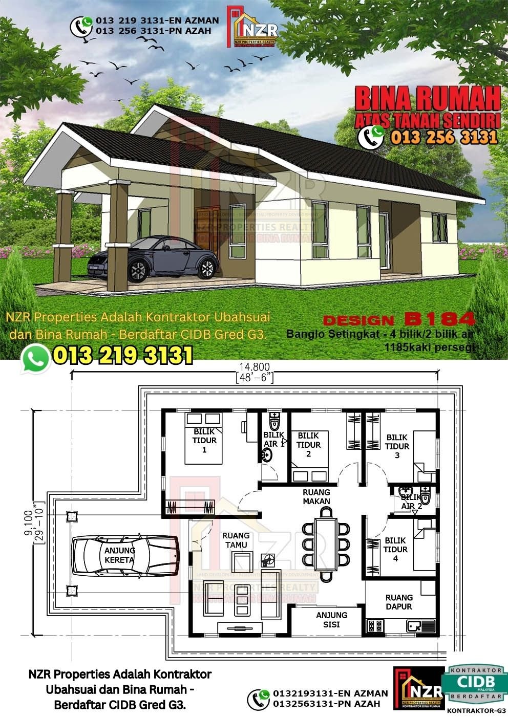 Design B184 rumah 1 tingkat 1185 kps dengan 4 bilik tidur dan 2 bilik air.