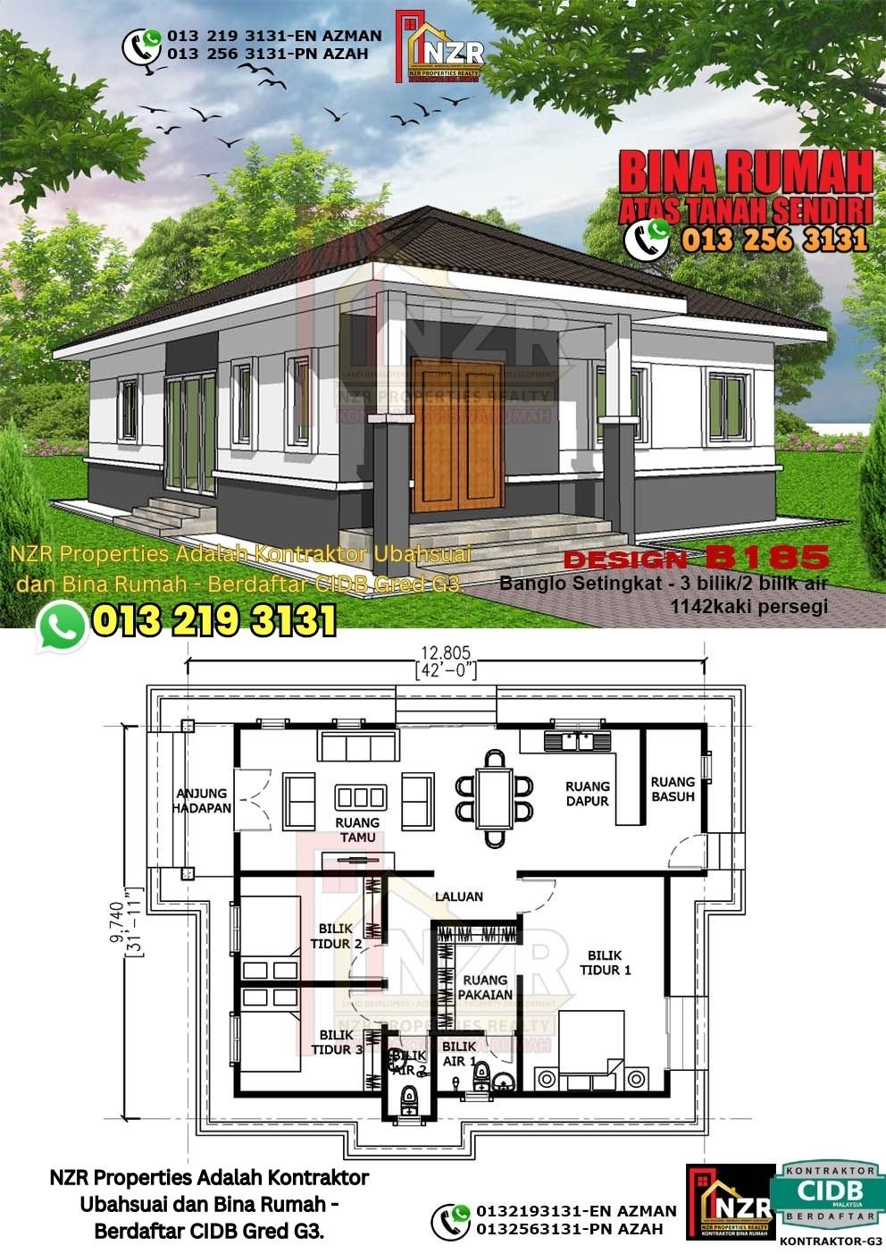 Design B185 rumah 1 tingkat 1142 kps dengan 3 bilik tidur dan 2 bilik air.