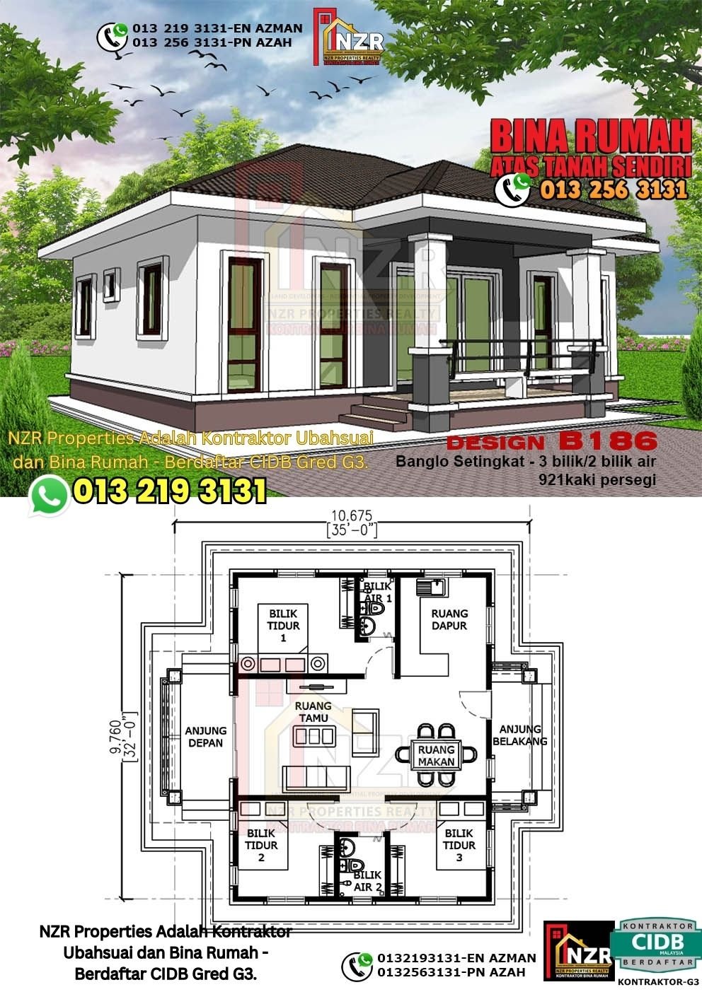 Design B186 rumah 1 tingkat 921 kps dengan 3 bilik tidur dan 2 bilik air.