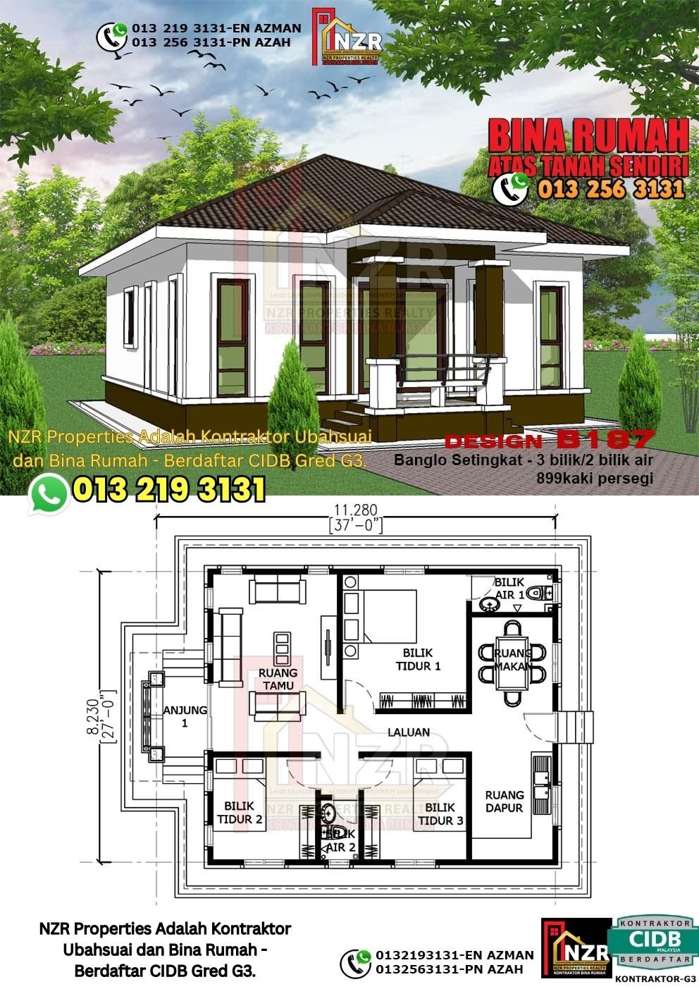 Design B187 rumah 1 tingkat 899 kps dengan 3 bilik tidur dan 2 bilik air.