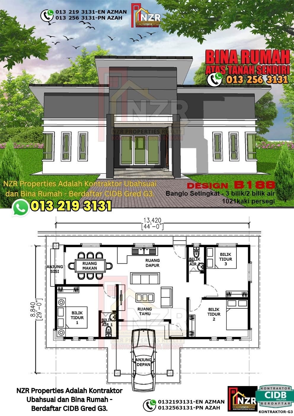 Design B188 rumah 1 tingkat 1021 kps dengan 3 bilik tidur dan 2 bilik air.