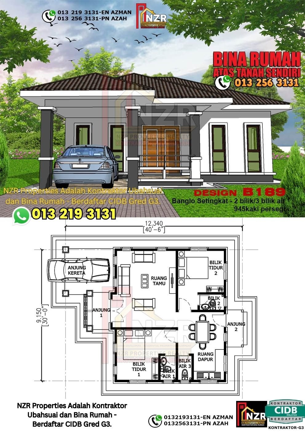 Design B189 rumah 1 tingkat 945 kps dengan 2 bilik tidur dan 3 bilik air.