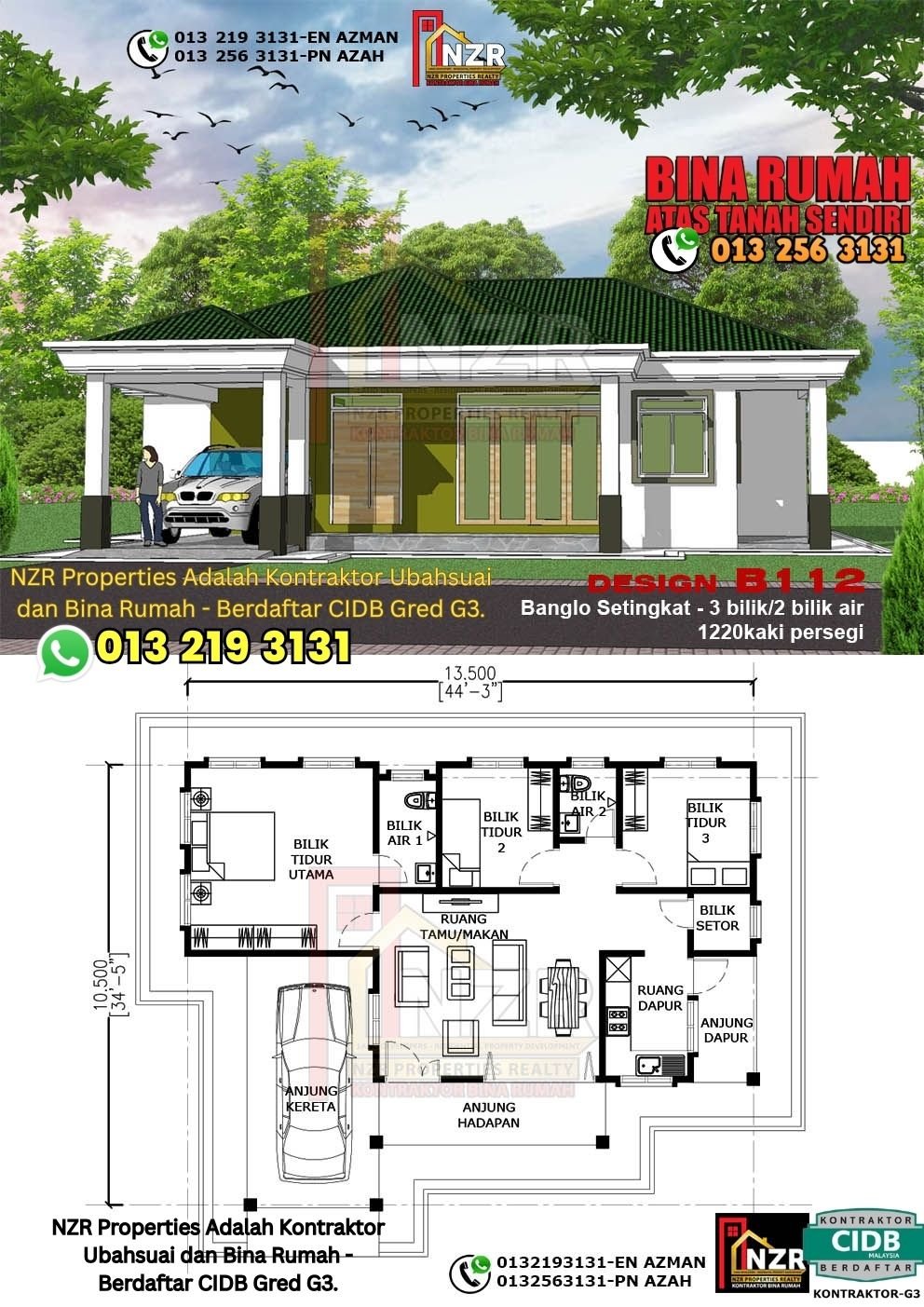 Design B112 rumah 1 tingkat 1220 kps dengan 3 bilik tidur dan 2 bilik air.