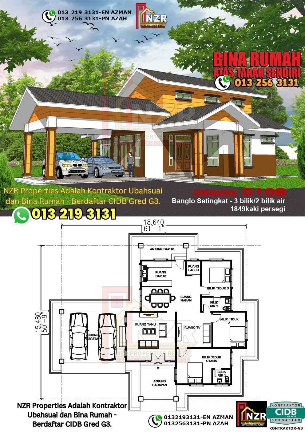 Design C108 rumah 1 tingkat 1849 kps dengan 3 bilik tidur dan 2 bilik air.
