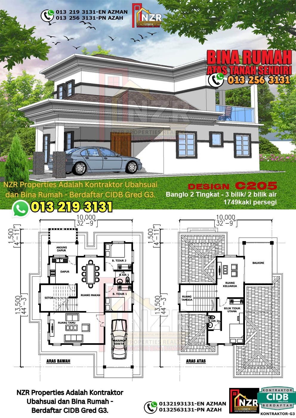 Design C205 rumah dua tingkat 1749 kps dengan 3 bilik tidur dan 2 bilik air.