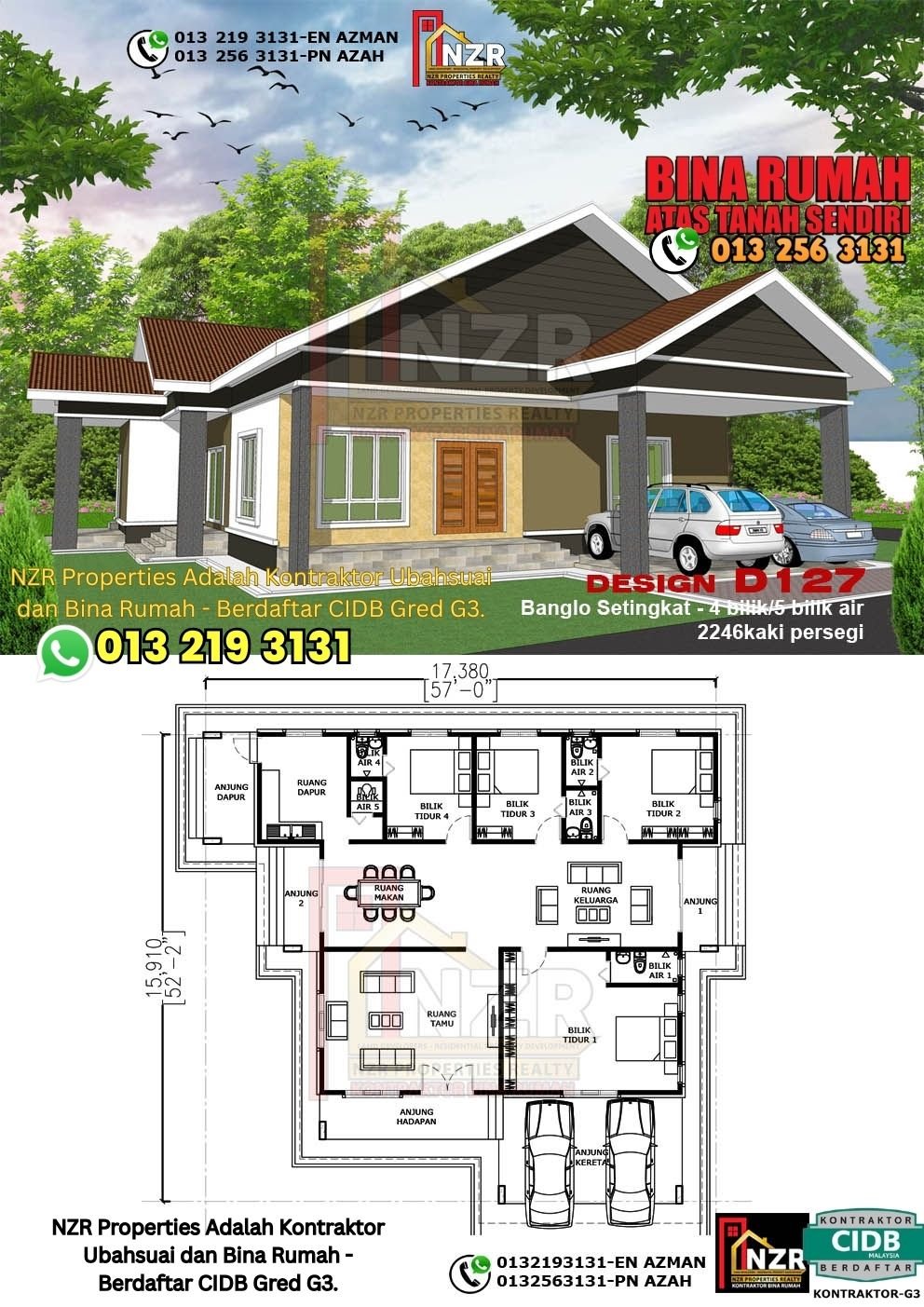Design D127 rumah 1 tingkat 2246 kps dengan 4 bilik tidur dan 5 bilik air.