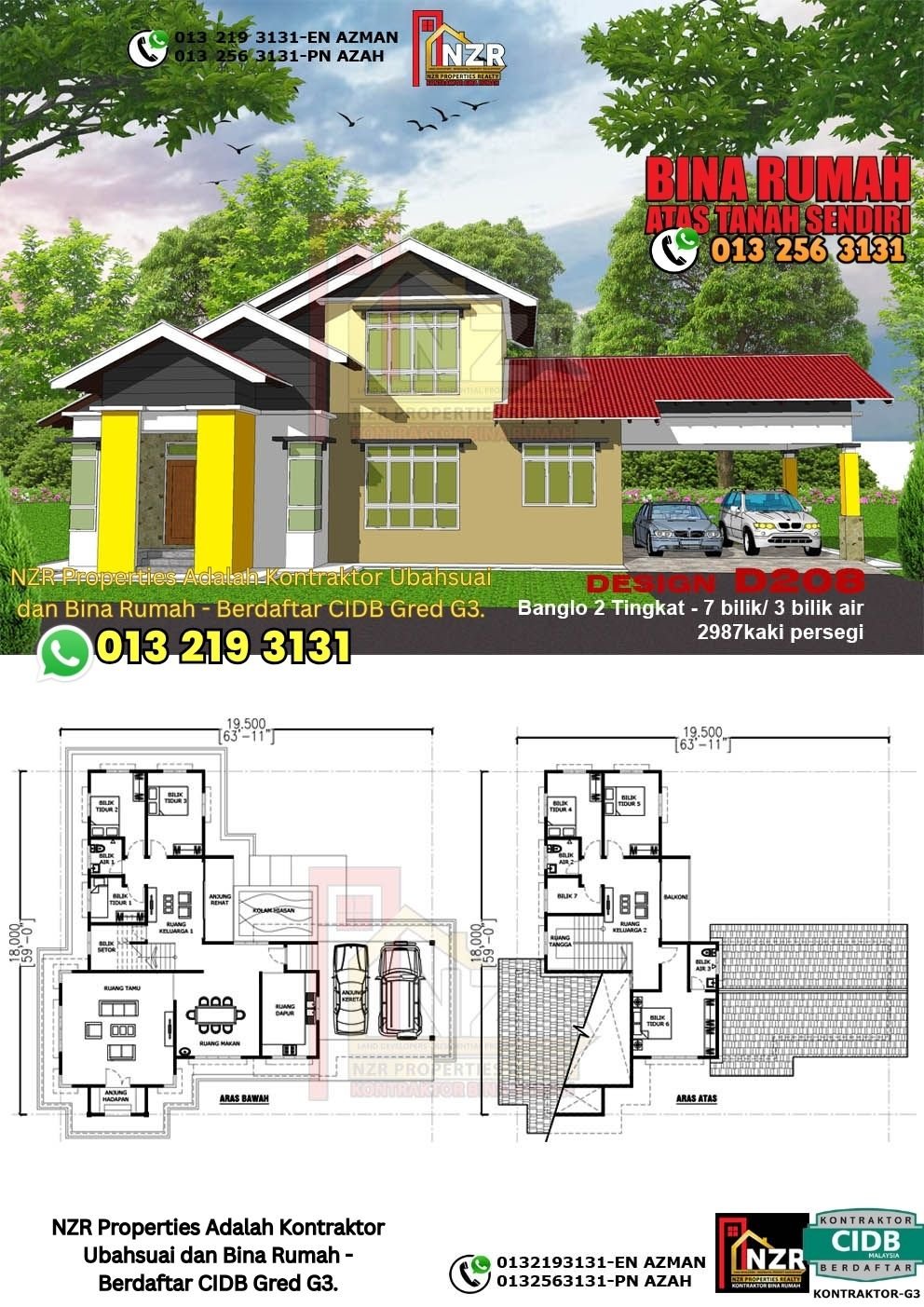 Design D208 rumah dua tingkat 2987 kps dengan 7 bilik tidur dan 3 bilik air.