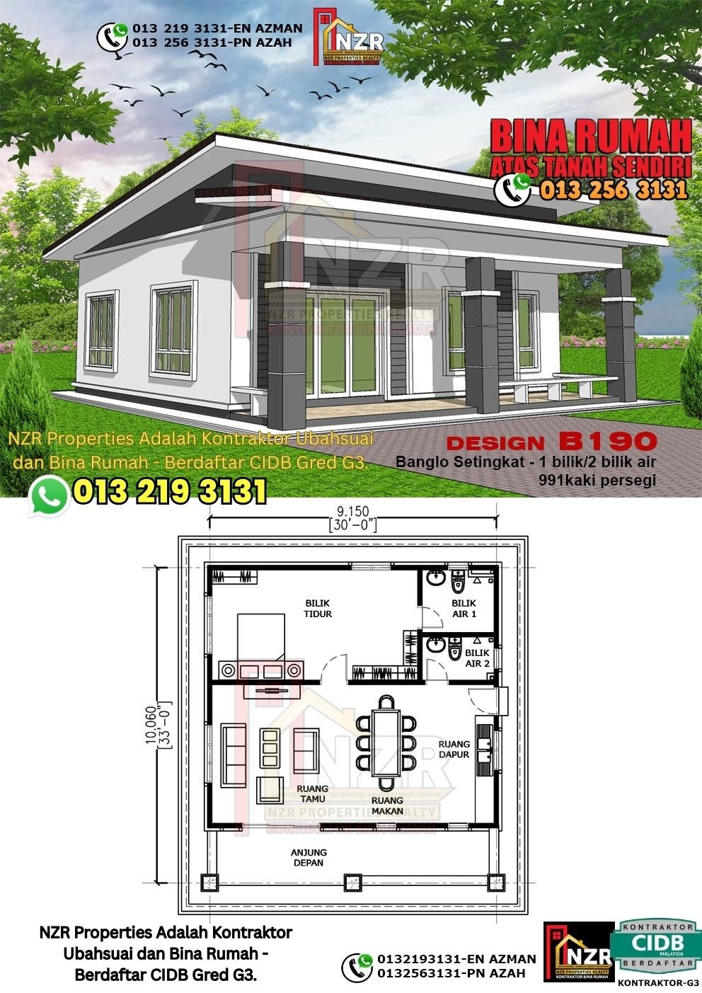 Design B190 rumah 1 tingkat 991 kps dengan 1 bilik tidur dan 2 bilik air.