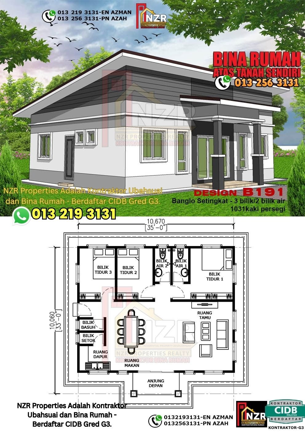Design B191 rumah 1 tingkat 1031 kps dengan 3 bilik tidur dan 2 bilik air.