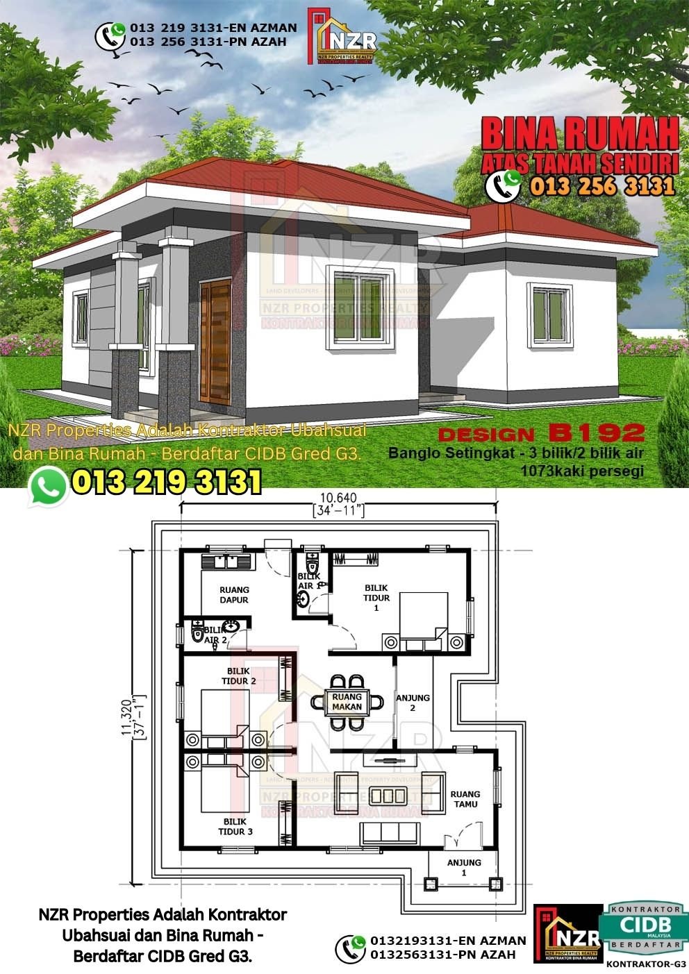 Design B192 rumah 1 tingkat 1073 kps dengan 3 bilik tidur dan 2 bilik air.