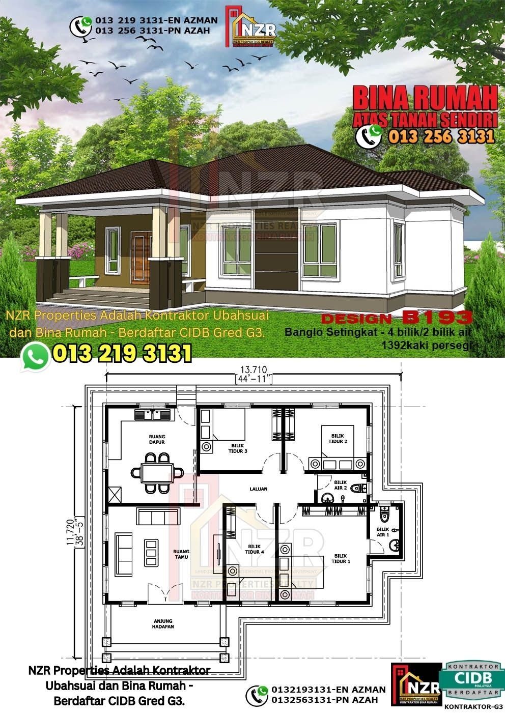 Design B193 rumah 1 tingkat 1392 kps dengan 4 bilik tidur dan 2 bilik air.