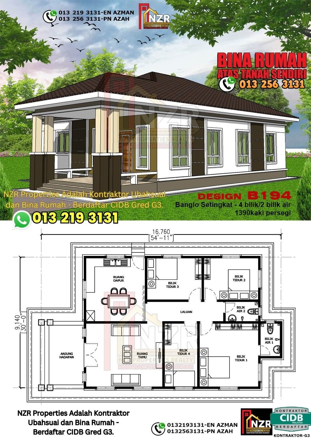 Design B194 rumah 1 tingkat 1390 kps dengan 4 bilik tidur dan 2 bilik air.
