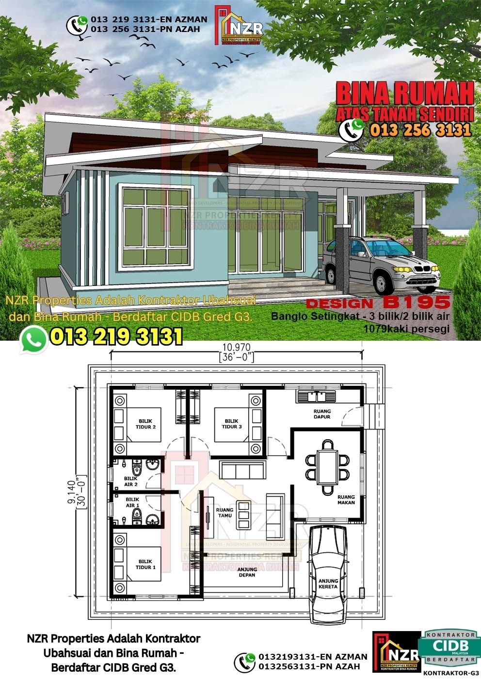 Design B195 rumah 1 tingkat 1079 kps dengan 3 bilik tidur dan 2 bilik air.