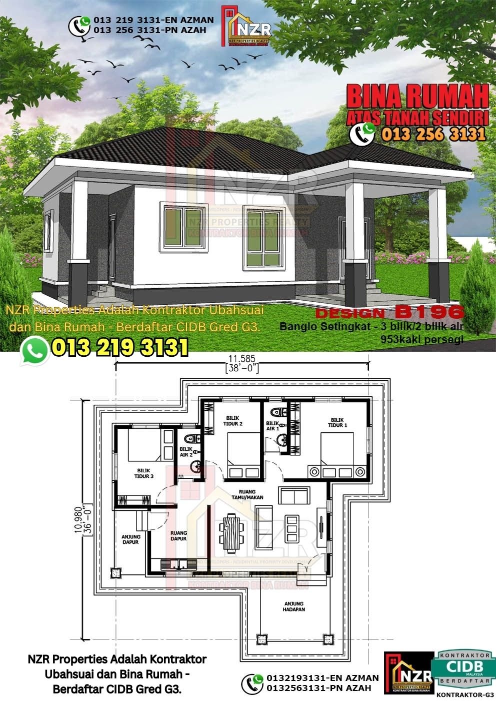 Design B196 rumah 1 tingkat 953 kps dengan 3 bilik tidur dan 2 bilik air.
