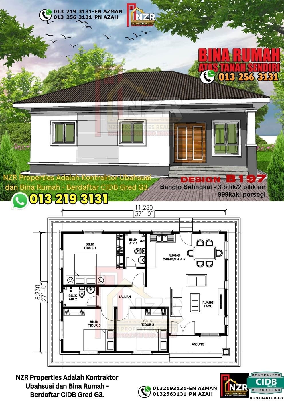 Design B197 rumah 1 tingkat 999 kps dengan 3 bilik tidur dan 2 bilik air.