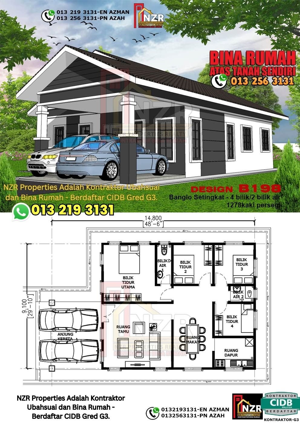 Design B198 rumah 1 tingkat 1278 kps dengan 4 bilik tidur dan 2 bilik air.