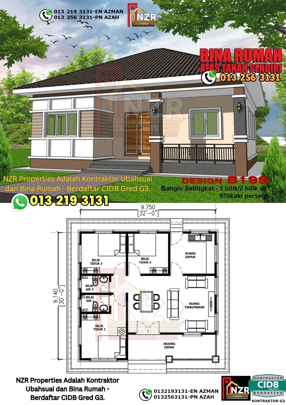 Design B199 rumah 1 tingkat 959 kps dengan 3 bilik tidur dan 2 bilik air.