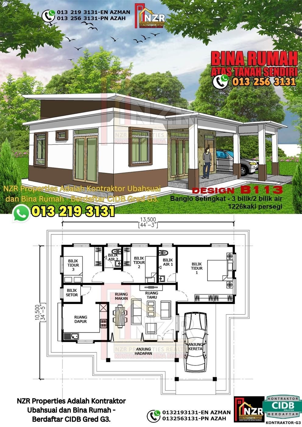 Design B113 rumah 1 tingkat 1226 kps dengan 3 bilik tidur dan 2 bilik air