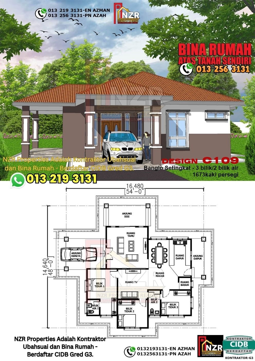 Design C109 rumah 1 tingkat 1673 kps dengan 3 bilik tidur dan 2 bilik air.