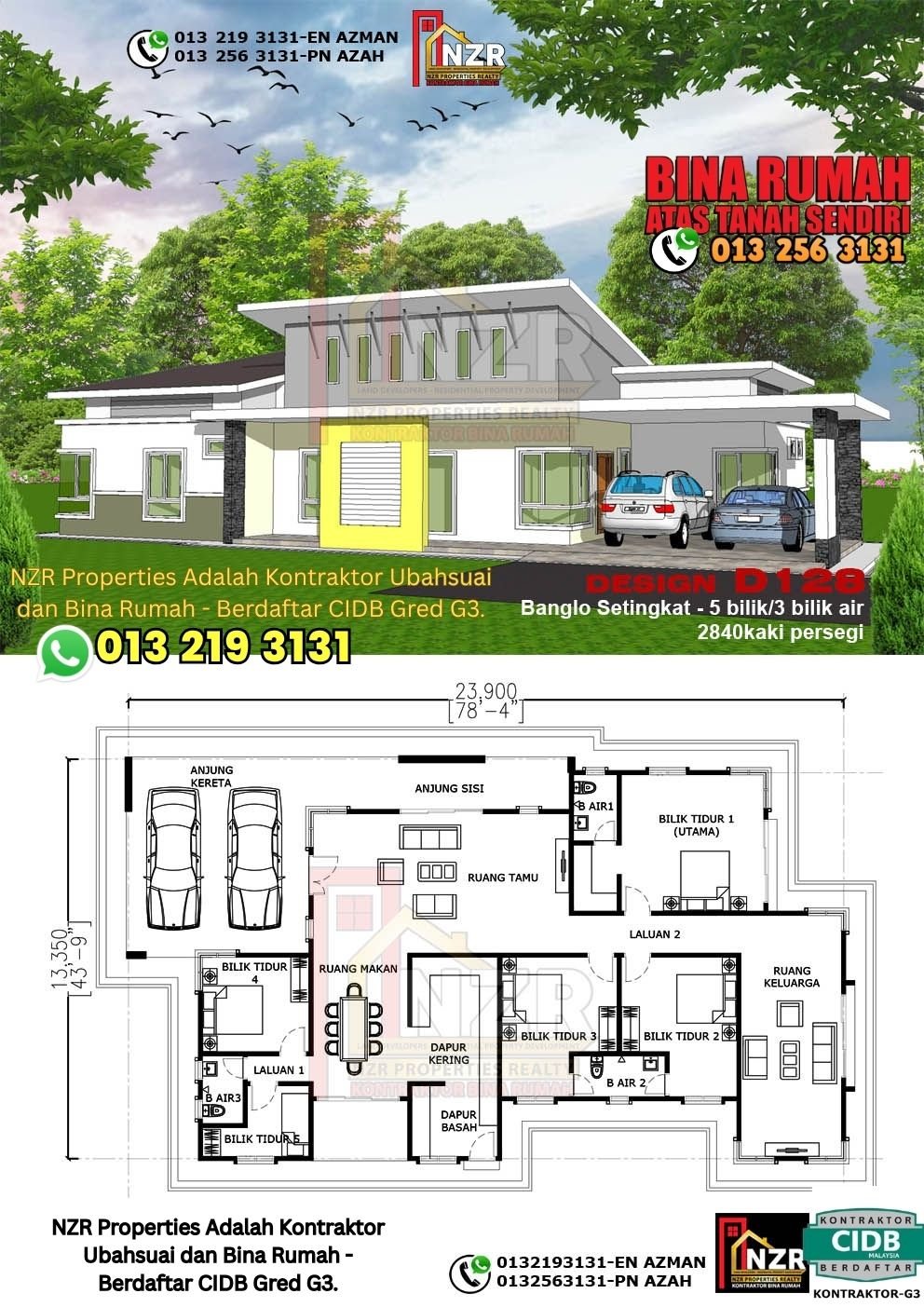 Design D128 rumah 1 tingkat 2840 kps dengan 5 bilik tidur dan 3 bilik air.