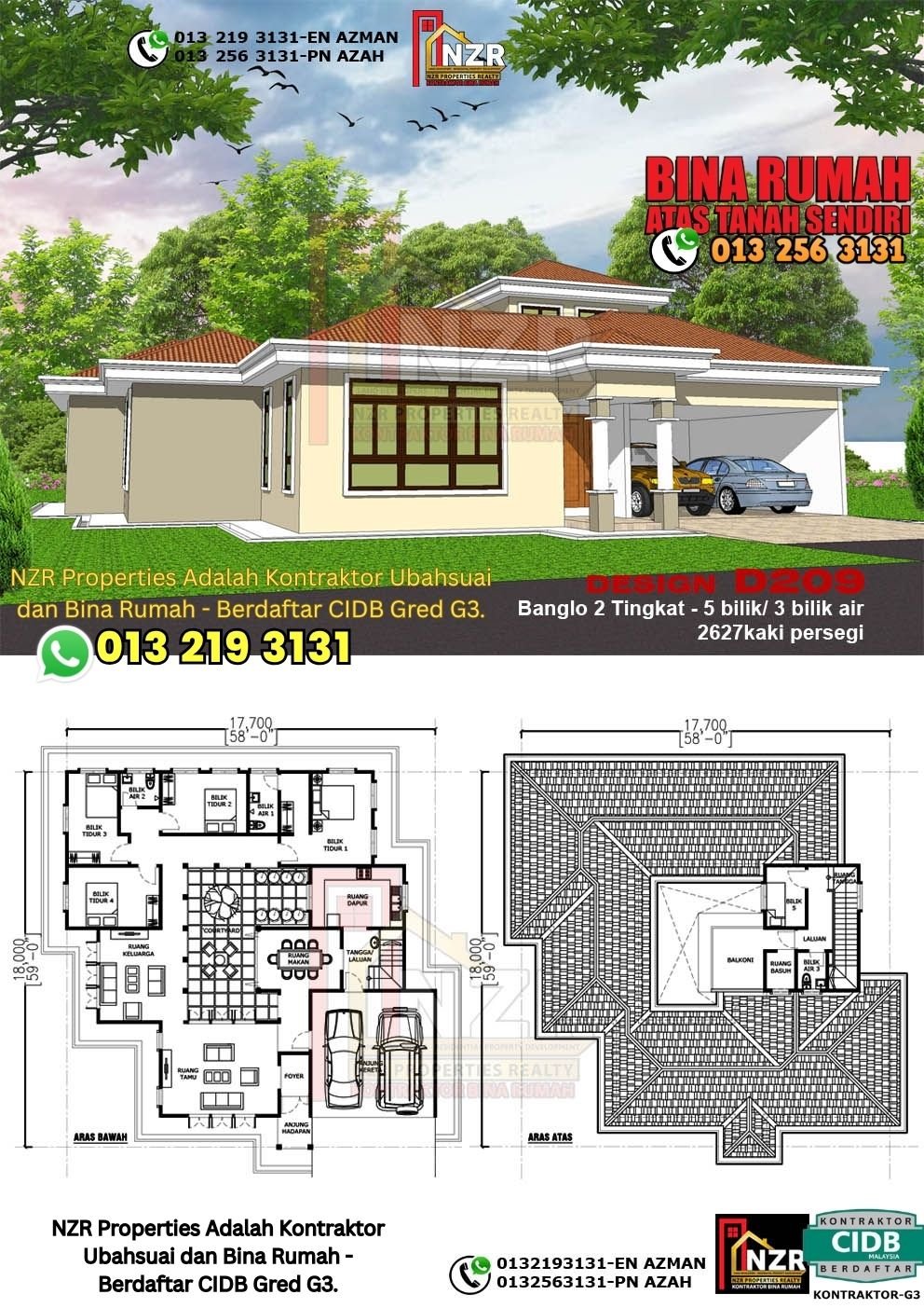 Design D209 rumah dua tingkat 2627 kps dengan 5 bilik tidur dan 3 bilik air.
